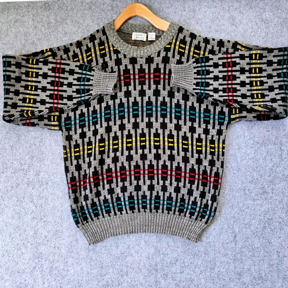 Vintage Robert Bruce Mens Large Geometric Intarsia Knit Crewneck Sweater Grey